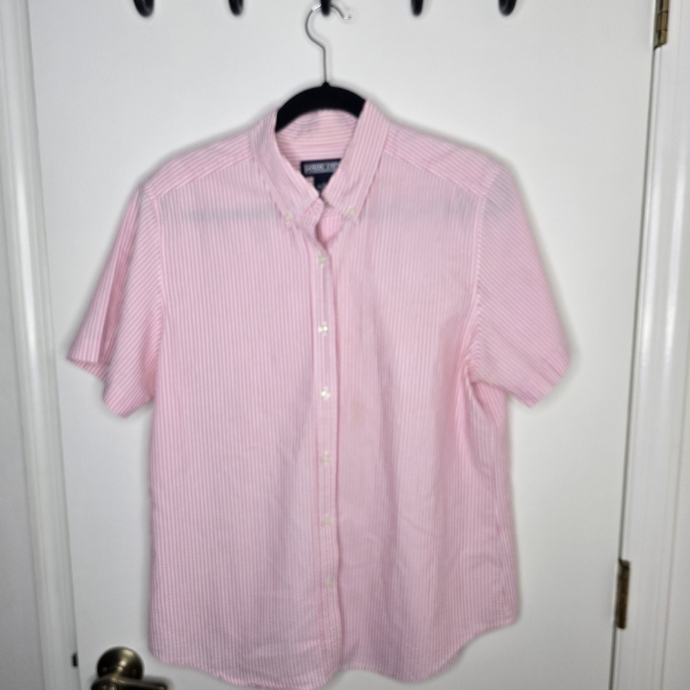 Lands' End Pink and White Striped Seersucker Shirt XL